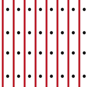 THIN RED STRIPES AND BLACK DOTS ON WHITE