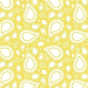 Small Scale Playful Paisley Bandana White on Buttercup Yellow