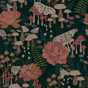 Boho florals, peonies, lilies, ferns, mushrooms and moths with moody gothic colours