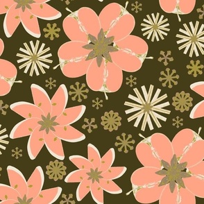 Rustic Bright Pink Apple Blossoms and Spices Autumn All-Over Dark Green Large