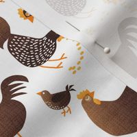 Whimsical Farm Chickens and Chicks in Sepia Brown Tone for Kitchen or Kids Faux Texture