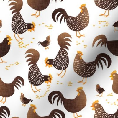 Whimsical Farm Chickens and Chicks in Sepia Brown Tone for Kitchen or Kids Faux Texture