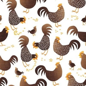 Whimsical Farm Chickens and Chicks in Sepia Brown Tone for Kitchen or Kids Faux Texture