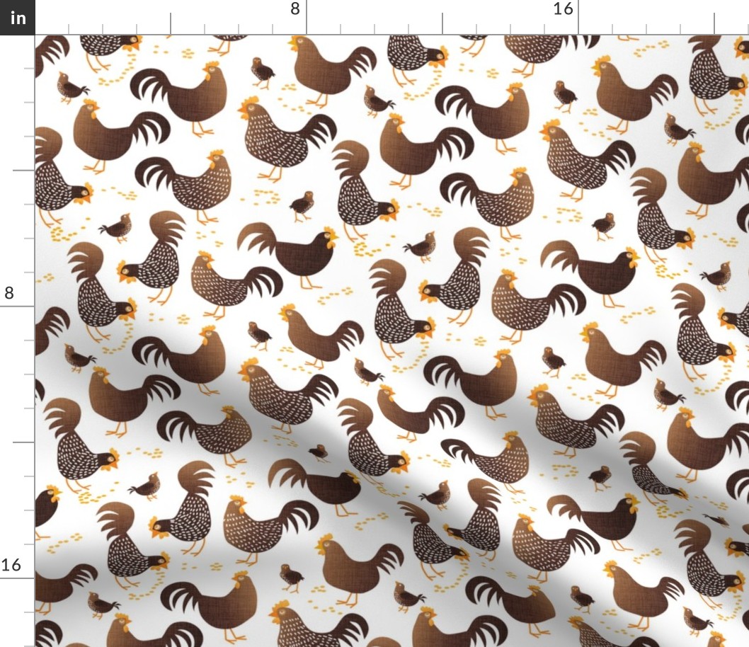 Whimsical Farm Chickens and Chicks in Sepia Brown Tone for Kitchen or Kids Faux Texture