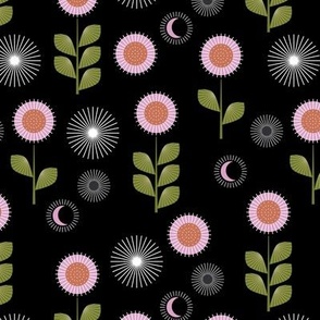 Mid-century fifties boho flowers - sunflowers stars and moon retro magic fall design pink rust matcha green on black night