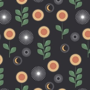 Mid-century fifties boho flowers - sunflowers stars and moon retro magic fall design ochre rust green on charcoal gray