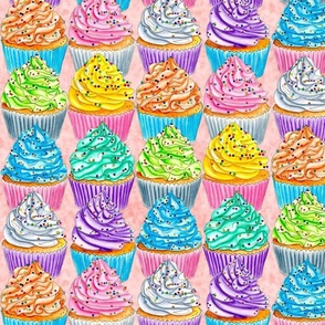 Watercolor Rainbow Cupcakes on Peach in Medium Scale