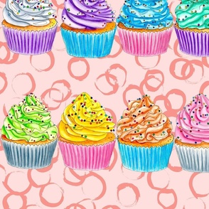 Watercolor Rainbow Cupcakes Striped on Peach Large Scale