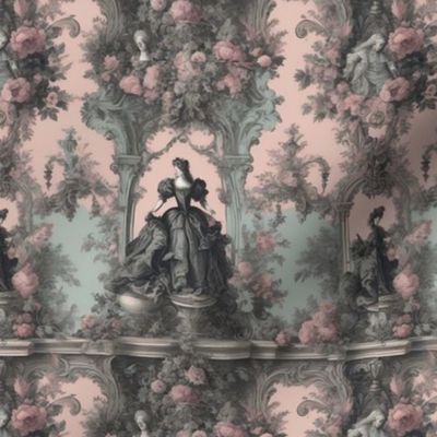 Pastel toile, Green toile, Red toile, Rococo design, Floral motifs,Ornate patterns,Delicate details,Baroque influences, Pastel color palette,Whimsical curves,Nature-inspired motifs,Scrollwork designs,Exquisite craftsmanship,Gilded accents,Rocaille element