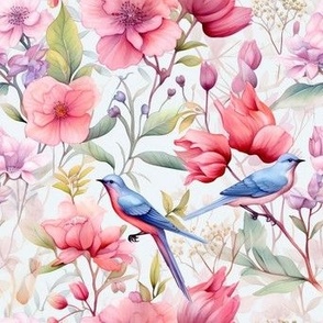 Flowers and birds watercolor pattern