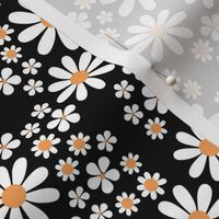 White retro flowers - kids groovy seventies daisies and poppy flower blossom halloween garden vintage white orange on black