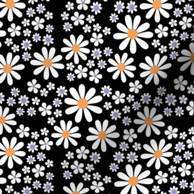White retro flowers - kids groovy seventies daisies and poppy flower blossom halloween garden vintage white orange lilac on black