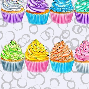 Watercolor Rainbow Cupcakes Striped on Grey Large Scale