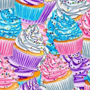 Tossed Cupcakes, Blue, Pink and Purple Watercolor Large Scale