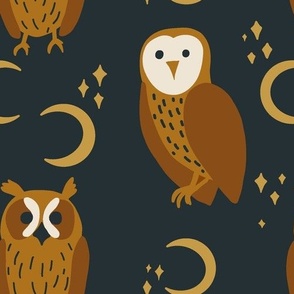 Celestial Owl, Moon and Stars in Cozy Colors on Navy Blue