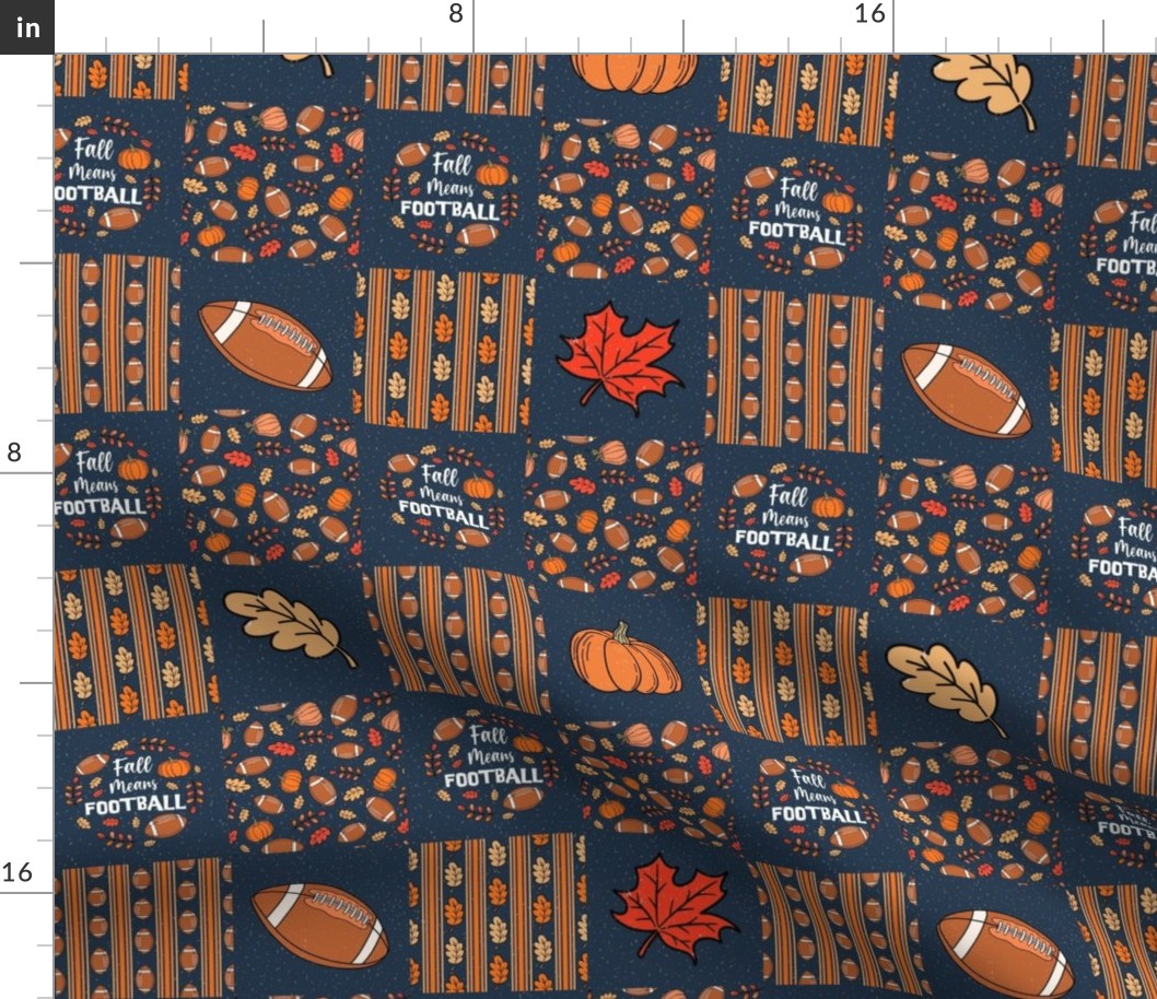 Smaller 3" Patchwork Fall Means Football on Navy for Cheater Quilt or Blanket