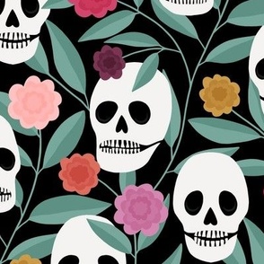 3 inch Skulls - Modern Skulls among Leafy Vines and Pink Flowers - 12x12 Repeat - Medium Scale