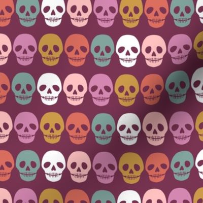 1.25 inch Colorful Rainbow Skulls on a Plum Purple Background - 6x6 inch repeat - Medium Scale