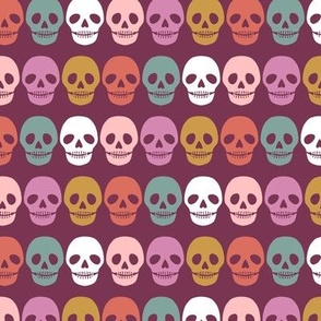 1.25 inch Colorful Rainbow Skulls on a Plum Purple Background - 6x6 inch repeat - Medium Scale