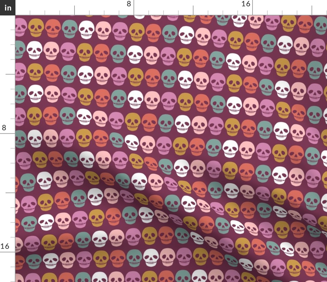 1.25 inch Colorful Rainbow Skulls on a Plum Purple Background - 6x6 inch repeat - Medium Scale