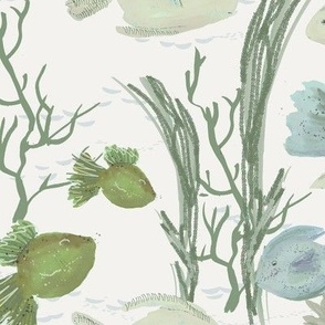 Fish in light blue, green, and off white - ocean, fun for lake house