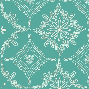 Large/ Medium - Hand drawn Boho floral in white and teal green
