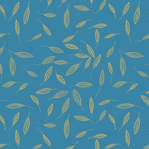 small scattered tropical colourful leaves in yellow and cyan blue