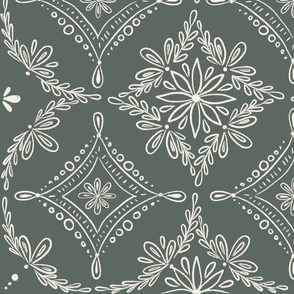 Large/ Medium - Hand drawn Boho floral in white and dark military green