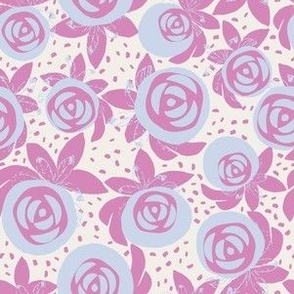MEDIUM: Whimsical Rosebuds: Playful baby blue roses and pink leaves