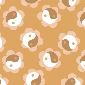 retro flower power yin yang - retro golden mustard peach and burnt brown