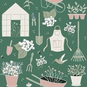 Gardener's tools, green background