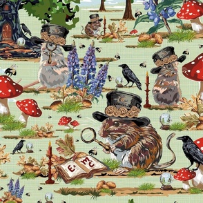 Whimsical Book Reading Steampunk Maths Mouse, Mystical Mice, Bumble Bees, Crystal Balls and Lupin Flowers on Green (Large Scale)