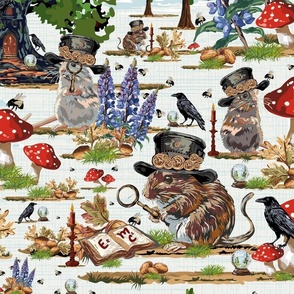 Enchanted Woodland Friends Book Reading Maths Mice, Steampunk Mouse, Bumble Bees, Crystal Balls, Candle Sticks, Magic Spells, Fortune Tellers, Black Ravens, Red Cap Mushrooms, Magical Red and White Toadstools and Lupin Flowers on Chalk Texture