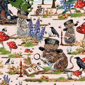 Spell Bound Mouse Teacher, Magical Book Reading Mice, Bumble Bees Black Birds Crystal Balls and Lupin Flowers, Red White Mushrooms on Pink (Large Scale)