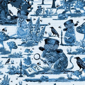 Animal Toile De Jouy, Cottagecore Book Reading Mice, Bumble Bees, Black Birds, Crystal Balls and Lupin Flowers, Blue on White