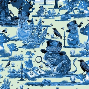 Magical Book Reading Animals Story Telling Toile, Bumble Bees Mice Black Birds Crystal Balls and Lupin Flowers Toile De Jouy, Blue on Green