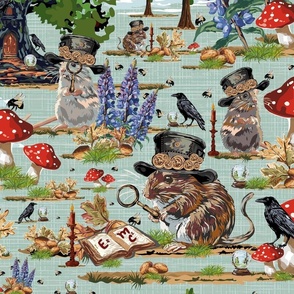 Cottagecore Mouse Steampunk Cottage Mice, Bumble Bees, Black Birds, Crystal Balls and Lupin Flowers on Blue Gray