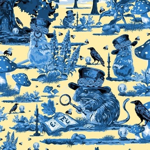 Steampunk Mice Bumble Bees Black Birds Crystal Balls and Lupin Flowers Toile De Jouy Blue on Yellow (Large Scale)