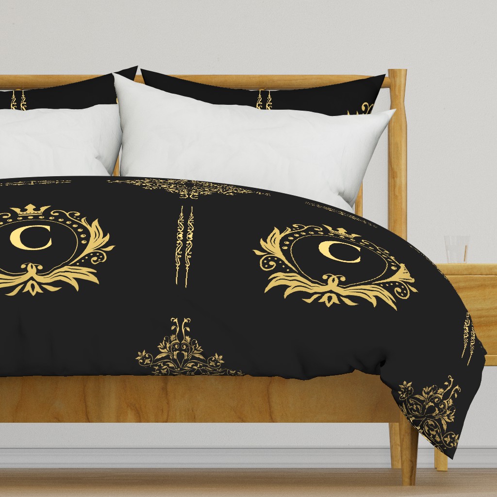 Personalized Initials Dark Academia Black and Gold Elegant Fabric ,  Wallpaper ,  Living & Decor ,  Dining ,  Bedding , 