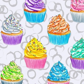 Watercolor Rainbow Cupcake Grid on Grey Large Scale