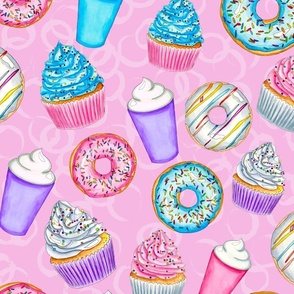Hand Painted Watercolor Donuts Cupcakes and Lattes on Pink Large Scale