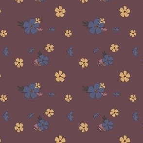 Retro Wildflowers, Vanilla, White, Mustard Cornflower on Burgundy- Fabric- Wallpaper
