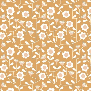 in full bloom retro hanging daisy garden print  -pastel golden mustard yellow and peach pink