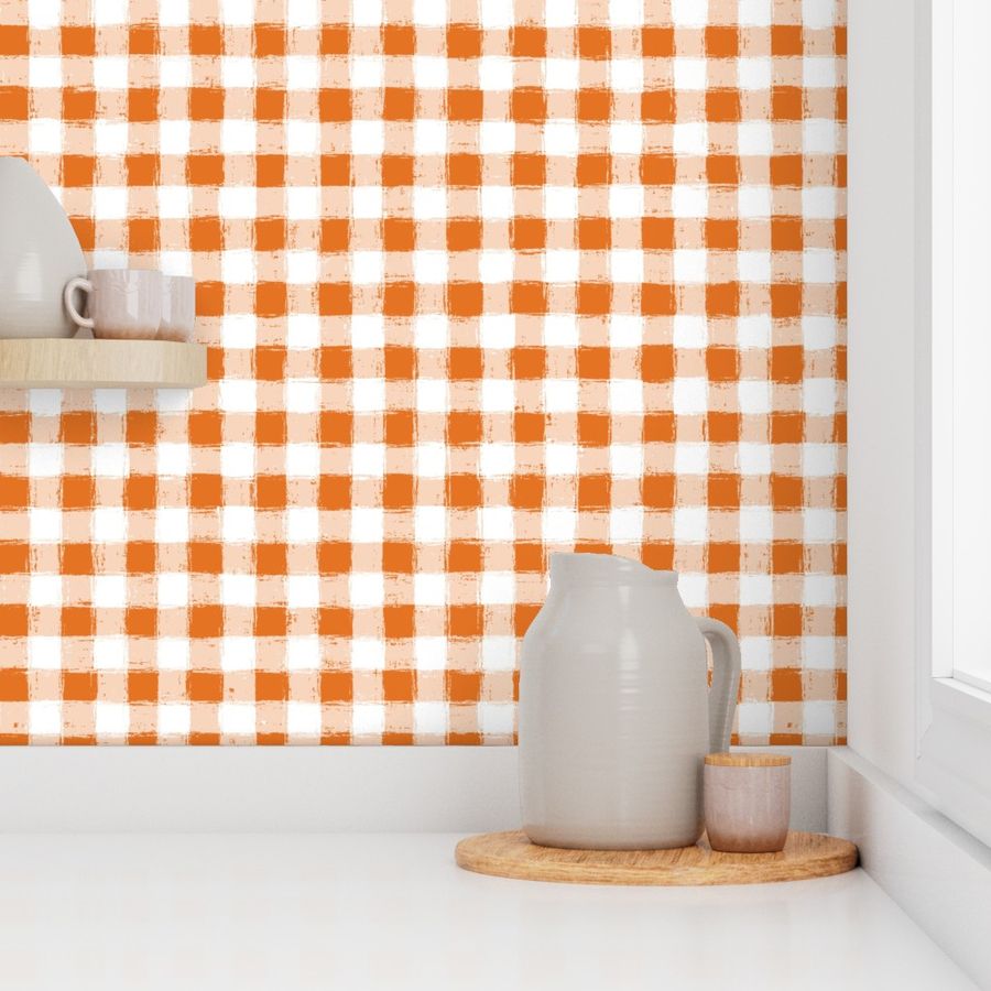 Distressed Gingham White and Carrot Orange