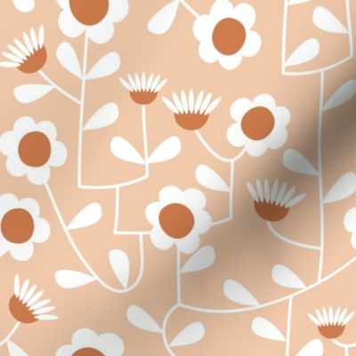 in full bloom retro hanging daisy garden print -pastel peach pink and terracotta ginger brown