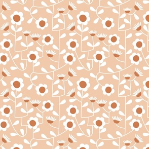 in full bloom retro hanging daisy garden print -pastel peach pink and terracotta ginger brown