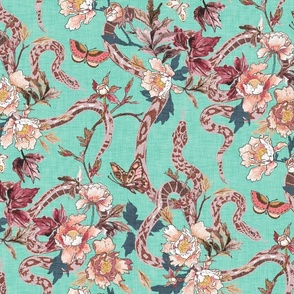 Snake and peony (aqua/peach) LRG