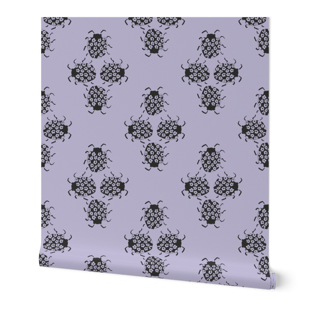whimsy goth flower ladybug stamp - monochrome lavender purple and black - large