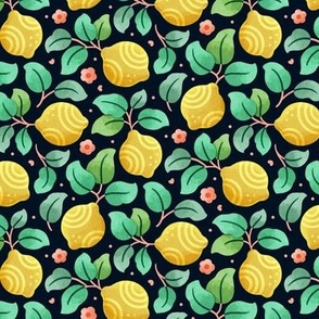 Small scale / Lemon blossoms yellow and green / fresh juicy tropical summer fruits exotic limes / pink flowers green leaves tiny hearts / bright spring garden watercolor textured linen non directional tossed kitchen decor on navy black kitchen