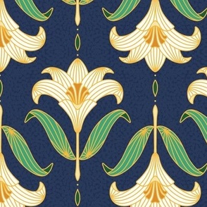 Small scale / Cream and green art nouveau lilies on navy blue / Vintage Victorian ornate damask golden yellow line art lily florals / off white ivory beige mustard yellow boho leaves flowers moody dark background spa decor